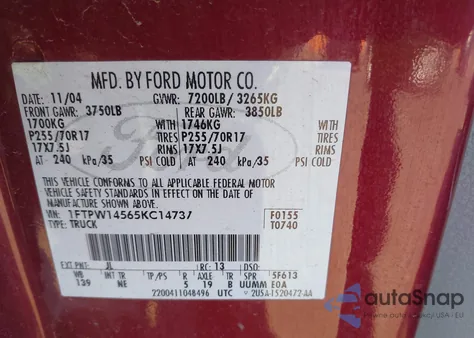 2005 Ford F-150 Fx4/Lariat/Xlt из США, поврежденный, VIN 1FTPW14565KC14737